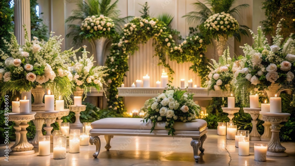 Elegant white bench adorned with overflowing floral arrangements and candles on ornate pedestals in an opulent wedding ceremony setting. Elegant white bench adorned with overflowing floral arrangements and candles on ornate pedestals in an opulent wedding ceremony setting.