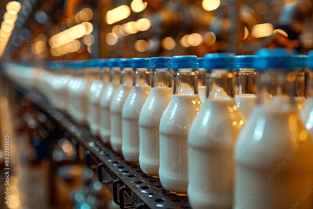Milk bottles on a conveyor belt. Milk bottles on a conveyor belt.