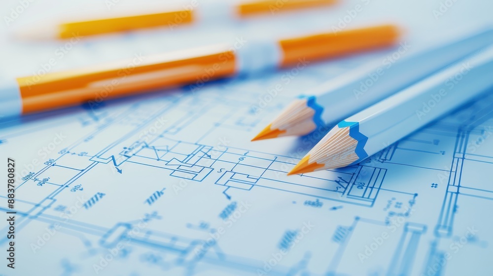 Close-up of architectural blueprints with pencils, showcasing design planning and creativity in construction and architecture. Close-up of architectural blueprints with pencils, showcasing design planning and creativity in construction and architecture.