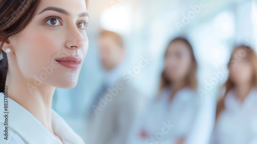 Confident businesswoman leading a team, standing in modern office environment with colleagues in blurred background. Leadership concept.