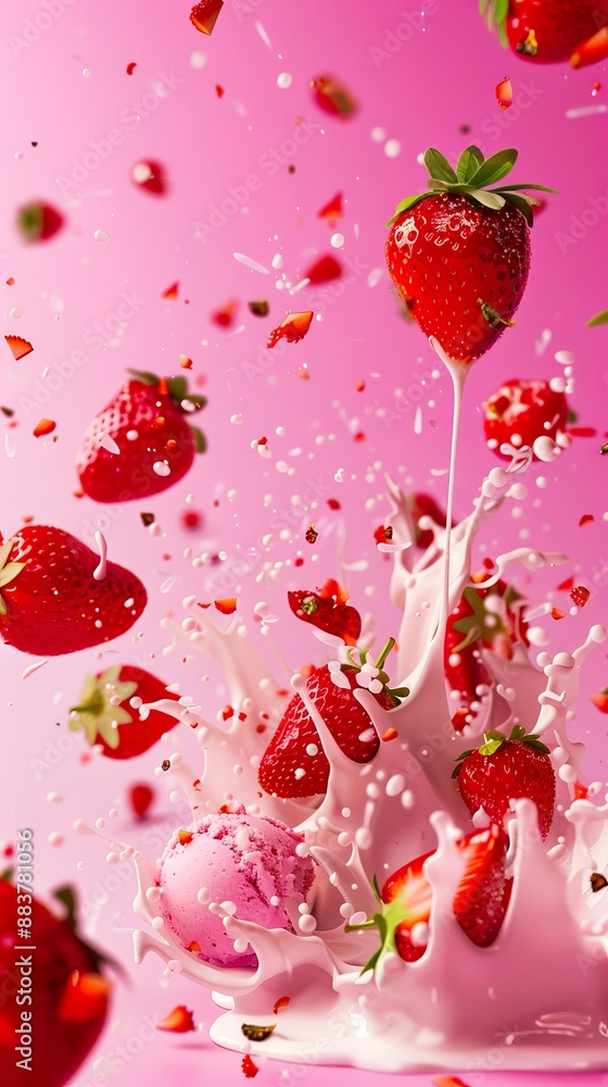 A strawberry is being splashed with milk and strawberries. A strawberry is being splashed with milk and strawberries.