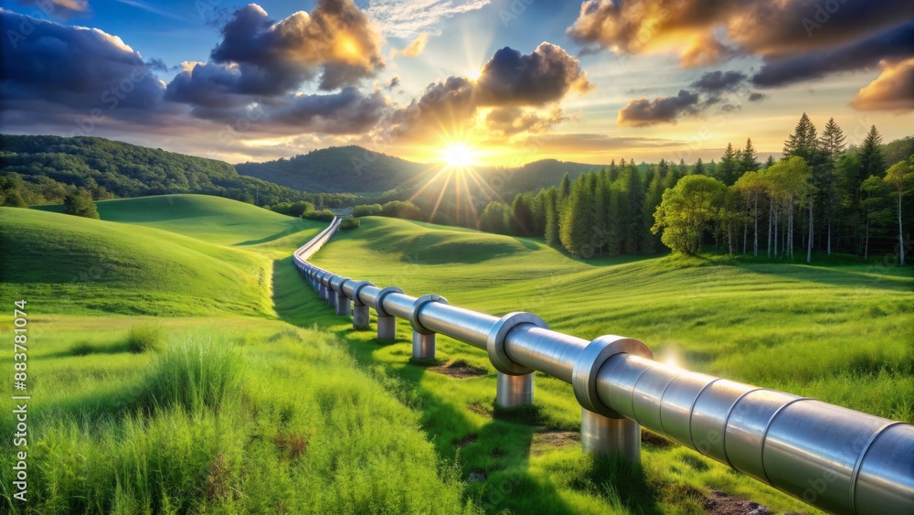 Sustainable hydrogen pipeline infrastructure weaving through lush green ...