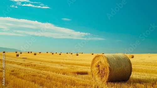 Hay bales in the field under blue sky.