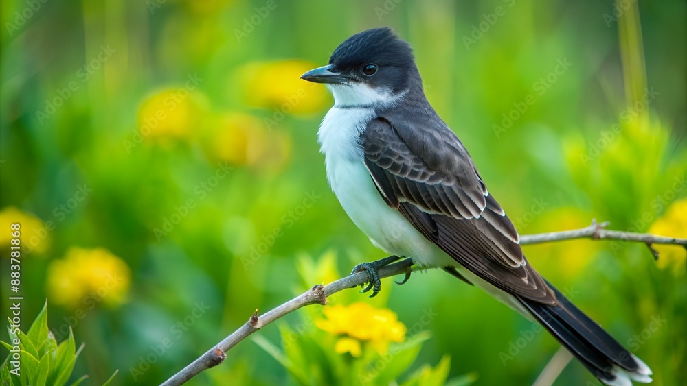 An eastern kingbird perched on a twig with a field blurred behind it. The black feathers are shiny and the white feathers are fluffed up. It's eye is focused on the camera. An eastern kingbird perched on a twig with a field blurred behind it. The black feathers are shiny and the white feathers are fluffed up. It's eye is focused on the camera.