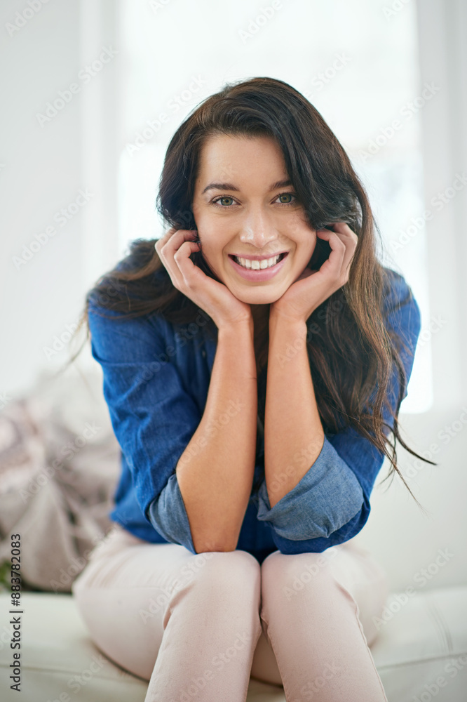 Portrait, house and smile with woman, relax and sofa in living room of home for weekend rest. Face, day off break and happy with confident, young person and alone in lounge of comfortable apartment Portrait, house and smile with woman, relax and sofa in living room of home for weekend rest. Face, day off break and happy with confident, young person and alone in lounge of comfortable apartment