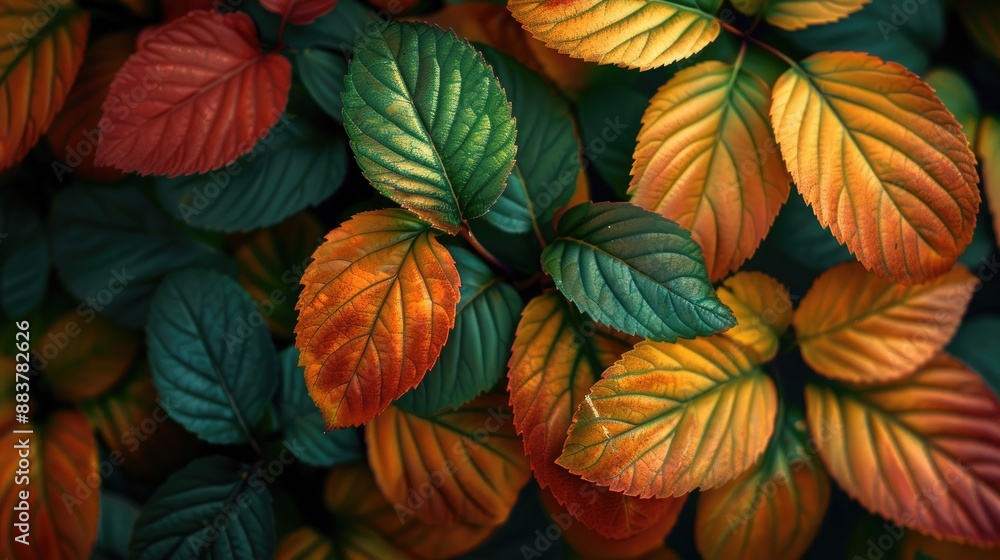 Fototapeta premium Colorful leaves with raindrops on dark background