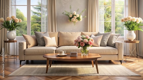 Cozy living room interior with plush sofa, cream walls, and large windows letting in warm natural light and lush greenery. photo