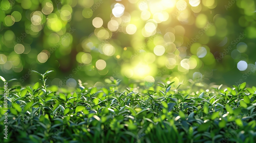Obraz premium Green plants with a bokeh background, capturing the freshness and vibrancy of nature in a sunlit scene