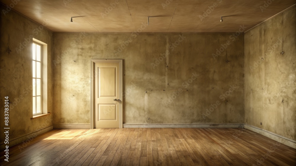 Bare, cream-colored walls surround a vacant, dimly lit room with scuffed, beige floor and a single, closed door. Bare, cream-colored walls surround a vacant, dimly lit room with scuffed, beige floor and a single, closed door.