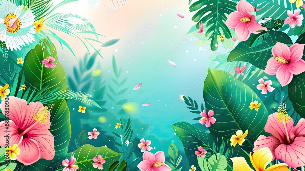 The image shows a lush tropical garden with a variety of flowers and plants. The colors are vibrant and the atmosphere is serene. The image shows a lush tropical garden with a variety of flowers and plants. The colors are vibrant and the atmosphere is serene.