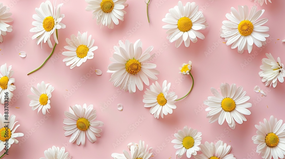 Obraz premium White chamomile flowers on pink background. Floral pattern.