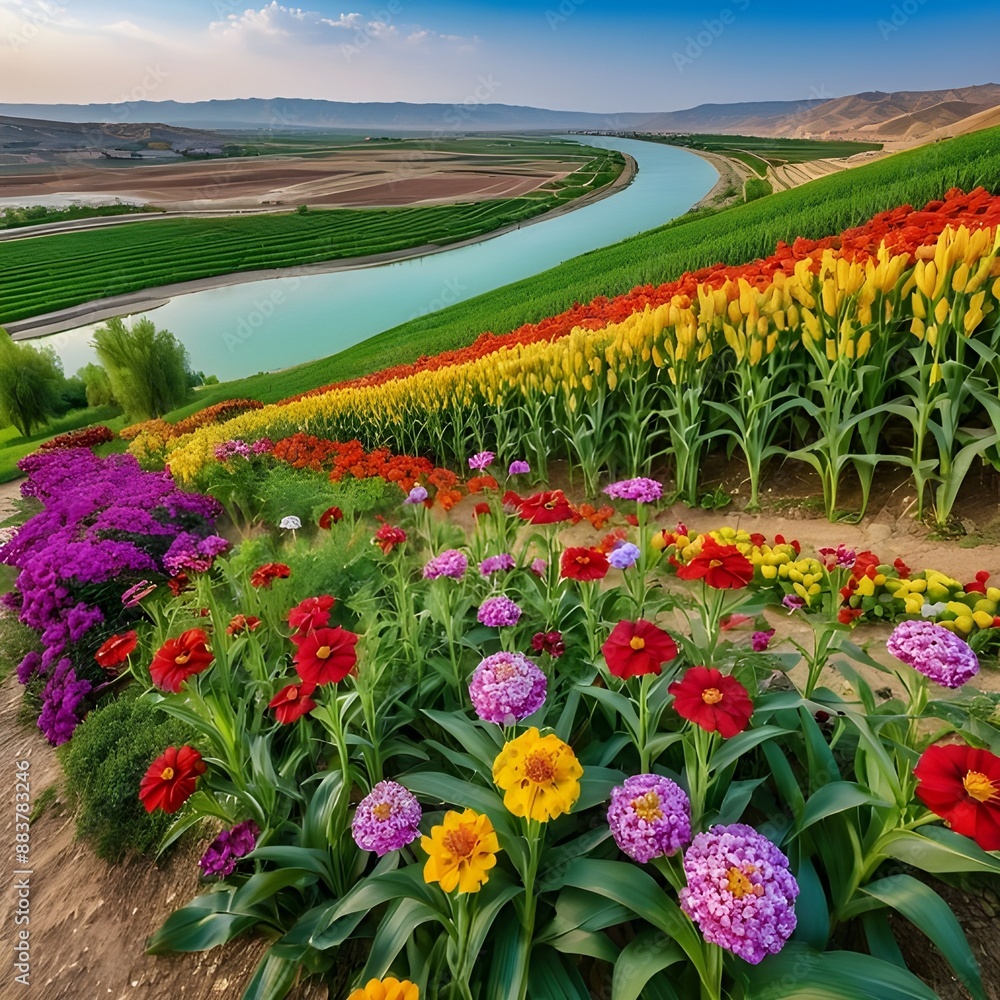 Obraz premium paradise flower garden at the foot of the hill, next to corn fields, separated by the Tigris River which is full of colorful gemstones