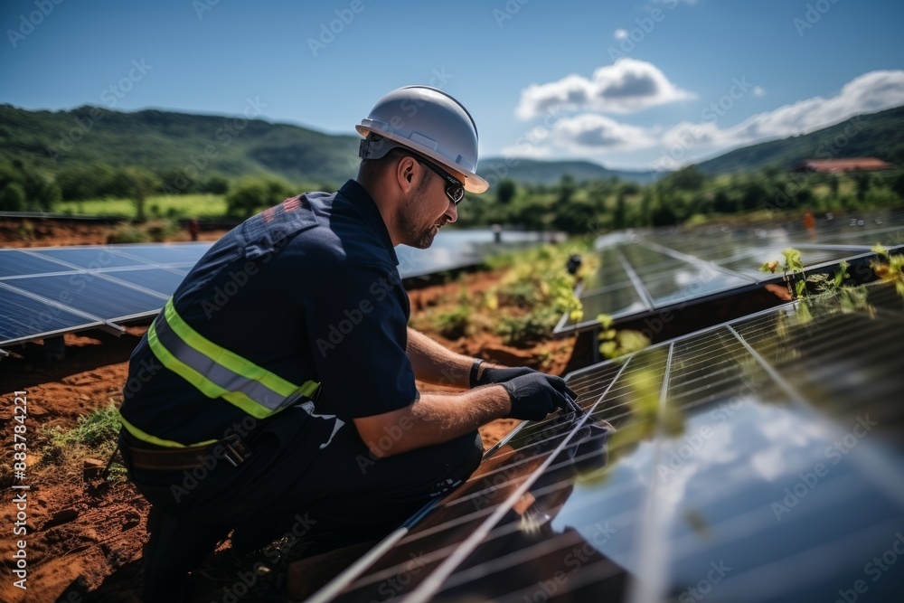 Engineer maintains floating solar farm while supervisor checks system at power station Engineer maintains floating solar farm while supervisor checks system at power station
