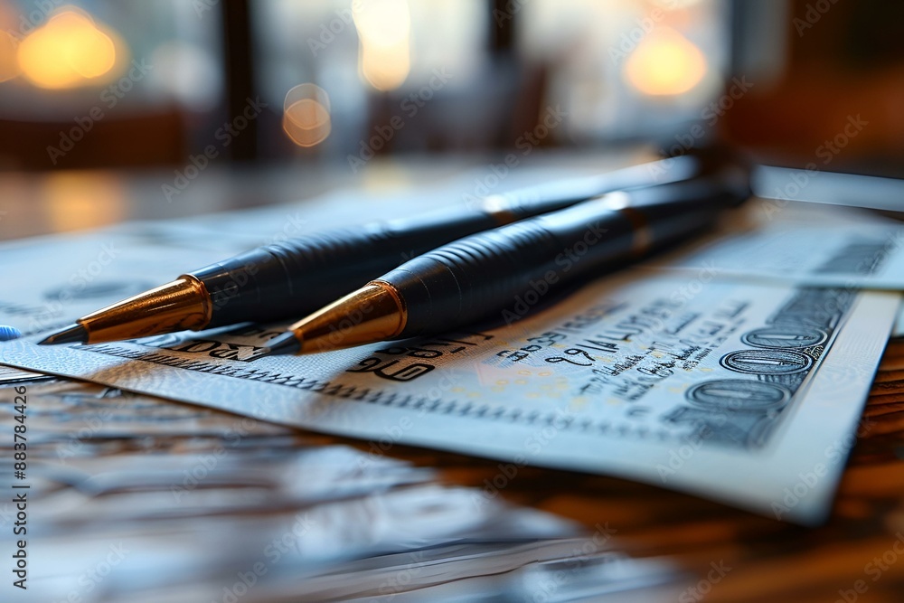 Fototapeta premium A pen and money placed on a table.