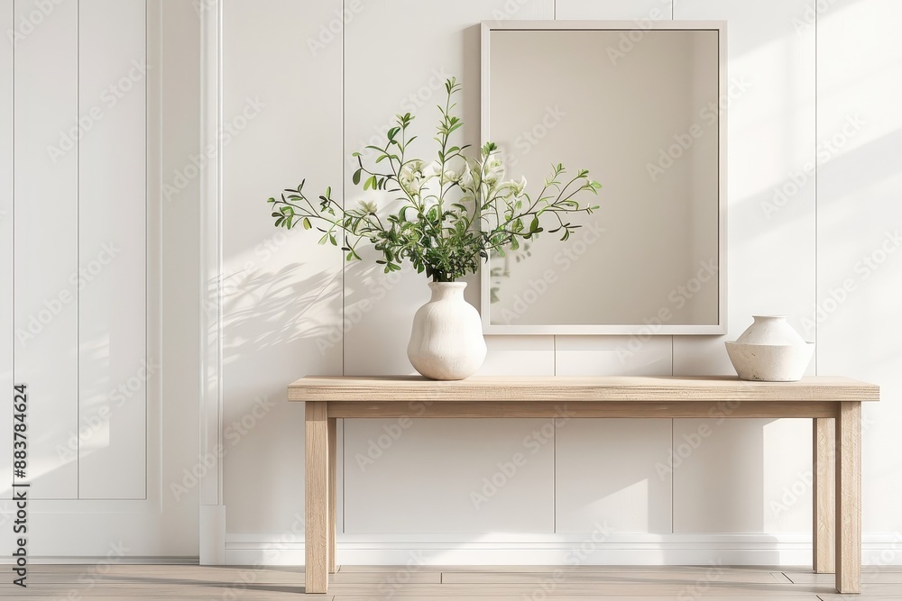 Modern entryway mockup with a console table and a large mirror. Modern entryway mockup with a console table and a large mirror.