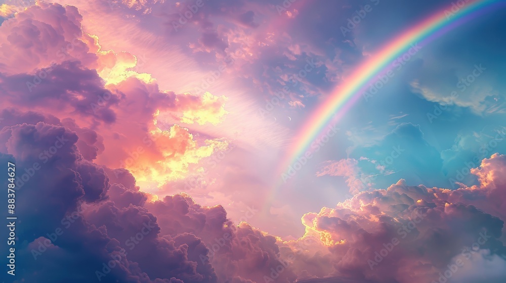 A vibrant rainbow arches across colorful clouds, creating a stunning and uplifting sky scene. A vibrant rainbow arches across colorful clouds, creating a stunning and uplifting sky scene.