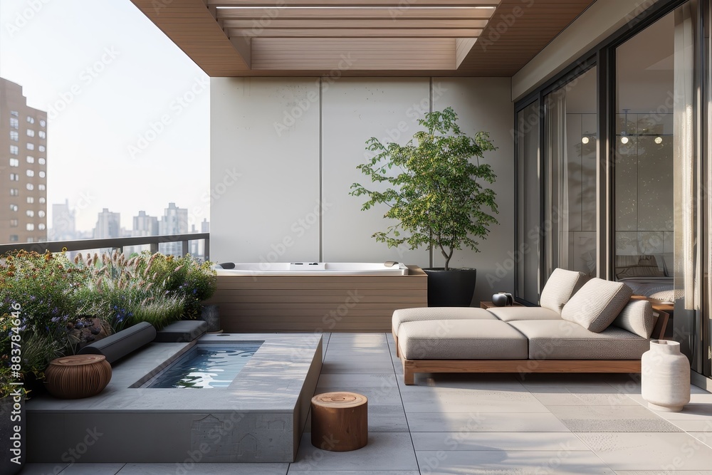 Fototapeta premium Modern rooftop terrace mockup with a lounge area and jacuzzi.