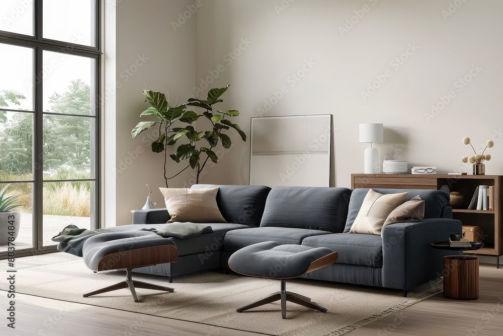 Fototapeta premium Dark blue sofa and recliner with a focus on functionality in a Scandinavian living room.