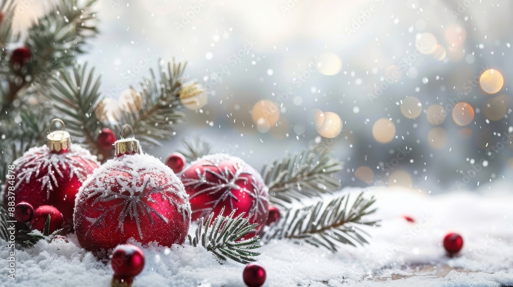 Red Christmas baubles with white snowflake designs resting in snow, accompanied by pine branches and berries, with a snowy background. Red Christmas baubles with white snowflake designs resting in snow, accompanied by pine branches and berries, with a snowy background.