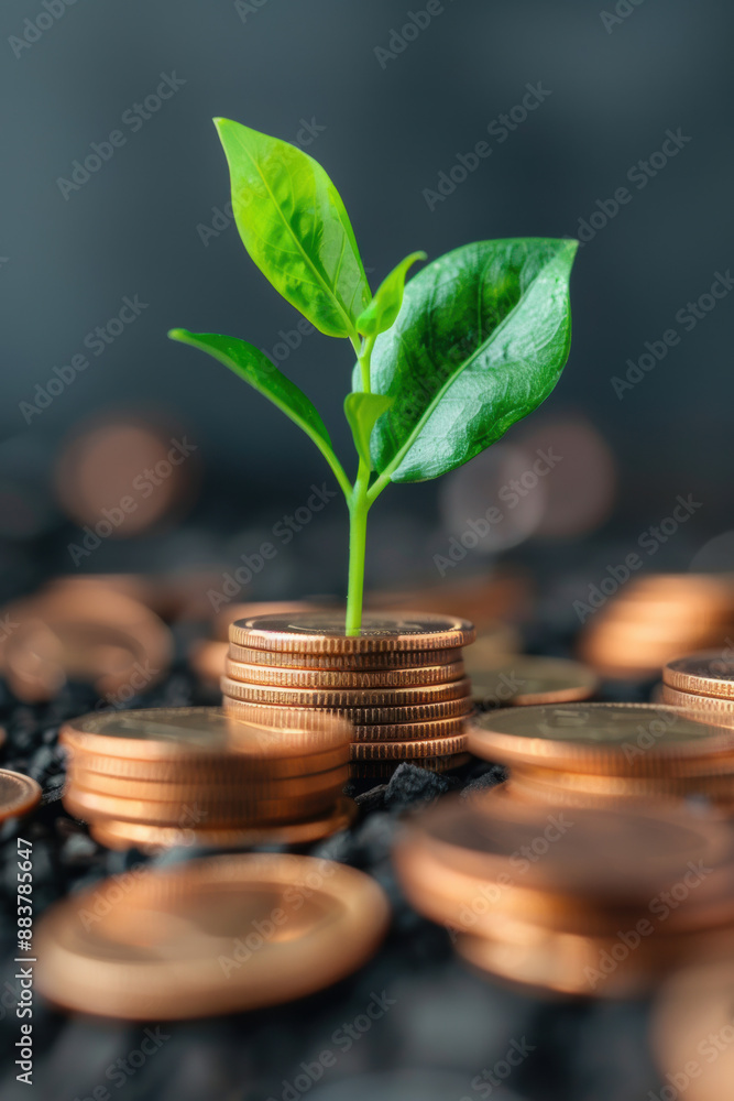 Young green plant growing from stacks of coins, symbolizing financial growth, investment, and sustainability. Perfect for finance, business, and eco themes. Young green plant growing from stacks of coins, symbolizing financial growth, investment, and sustainability. Perfect for finance, business, and eco themes.