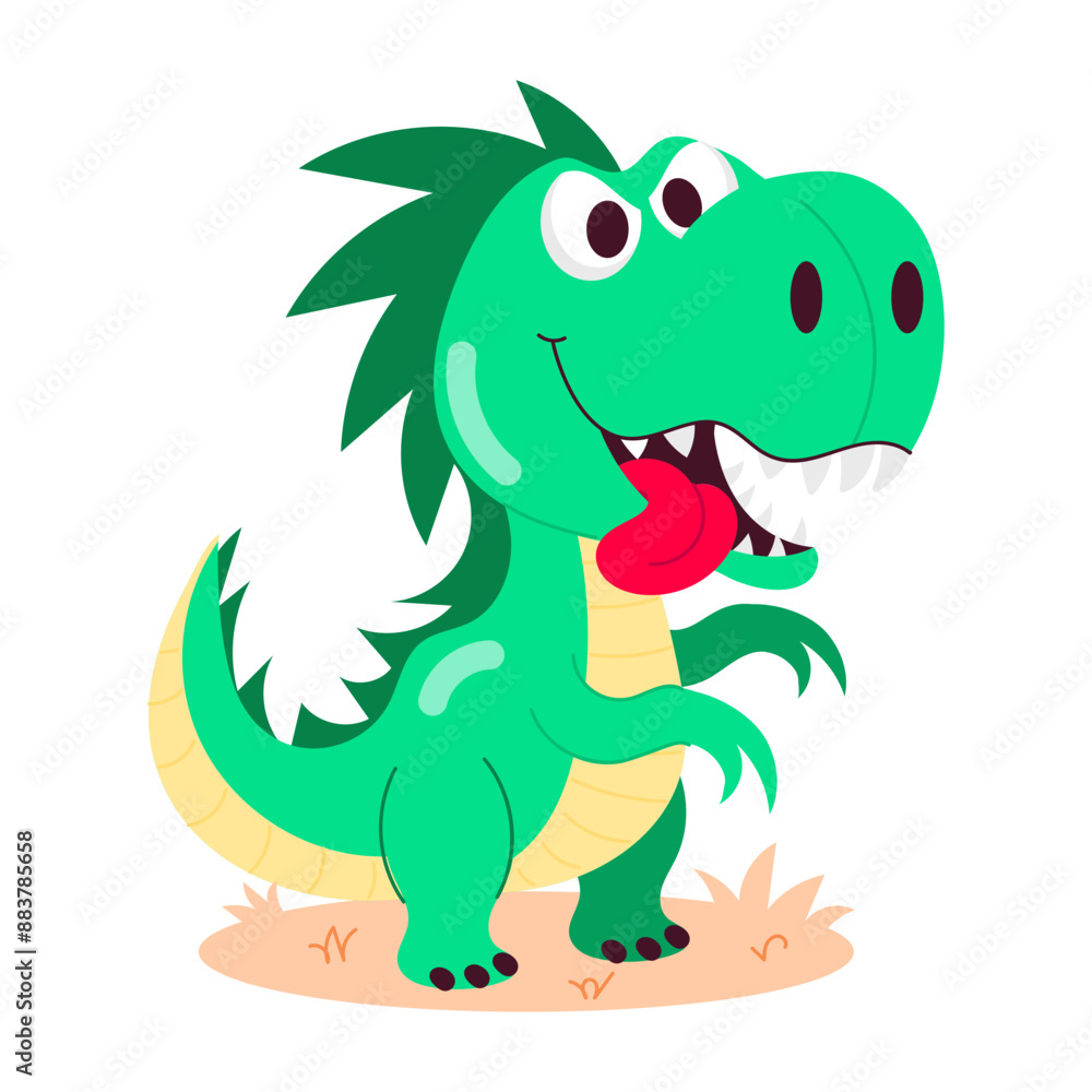 Cute flat sticker of hungry dinosaur with tongue out
Cute flat sticker of hungry dinosaur with tongue out