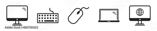 Computer icon set. Set of 5 outline icons related to computer. Linear icon collection. Computer, laptop, mobile, mouse, keyboard outline icons collection. Editable stroke. Vector illustration.