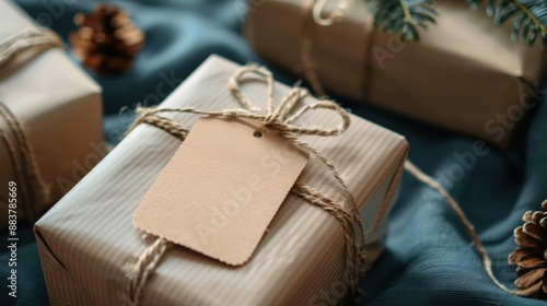 Gifts wrapped in rustic paper with twine and blank tags, perfect for personalized and eco-friendly presents. photo