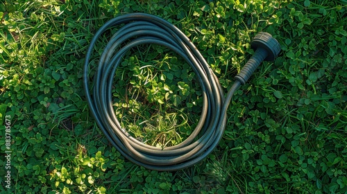 A coiled garden hose lying on lush green grass, ready for outdoor watering and gardening activities.