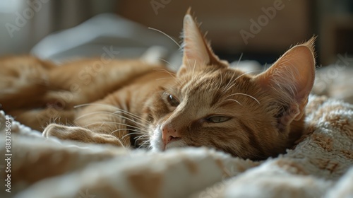 Close-up of a ginger cat resting peacefully on a soft, fluffy blanket, exuding warmth and coziness. photo