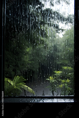 The Serene Symphony of Steady Downpour: An Intimate Perspective of Raindrops on Window Panes Amidst a Stormy Day photo