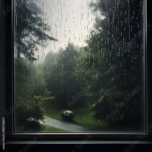 The Serene Symphony of Steady Downpour: An Intimate Perspective of Raindrops on Window Panes Amidst a Stormy Day photo