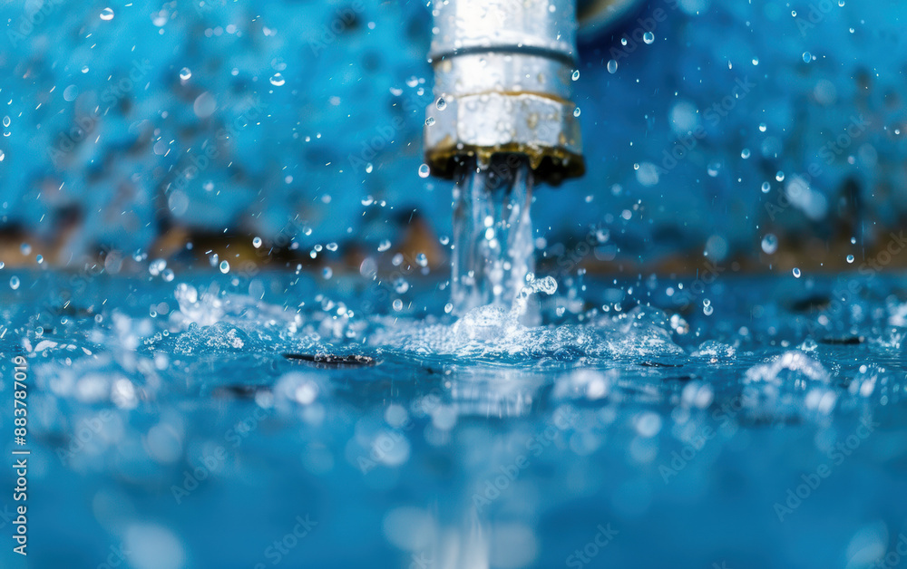 Close-up of water flowing from a pipe with droplets splashing, against a blurred blue background. Refreshing, clean water in motion. Close-up of water flowing from a pipe with droplets splashing, against a blurred blue background. Refreshing, clean water in motion.
