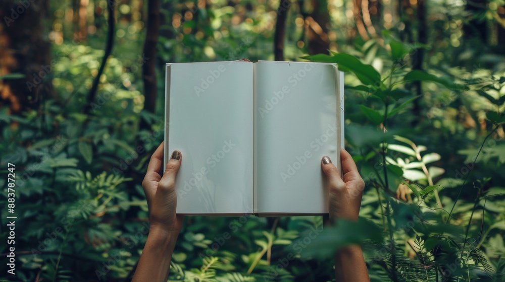 Hands holding an open book in a forest setting, symbolizing connection with nature and love for reading. Hands holding an open book in a forest setting, symbolizing connection with nature and love for reading.