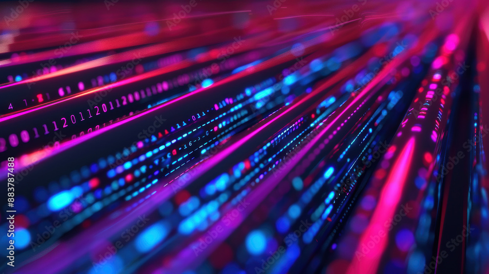 Abstract background with neon lights, data stream, and technological elements in motion. Represents futuristic technology and digital data transfer. Abstract background with neon lights, data stream, and technological elements in motion. Represents futuristic technology and digital data transfer.