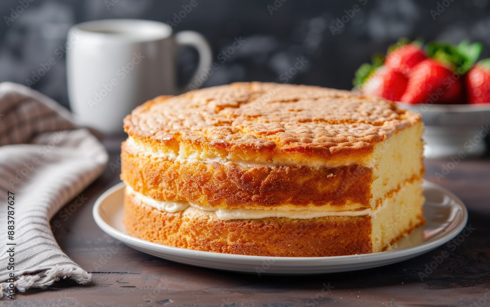Delicious homemade sponge cake with a creamy filling on a plate, perfect for dessert. Fresh strawberries and a cup of coffee in the background. Delicious homemade sponge cake with a creamy filling on a plate, perfect for dessert. Fresh strawberries and a cup of coffee in the background.