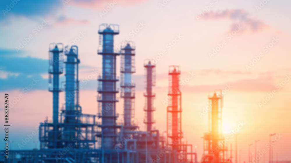Obraz premium Industrial refinery complex with tall distillation towers during sunset, colorful sky, and metallic structures for fuel processing in a vibrant scene.