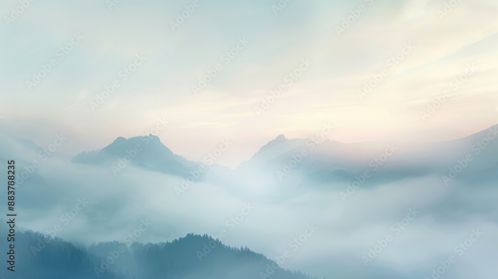 Serene mountain landscape enveloped in mist with soft sunrise light creating a tranquil and ethereal atmosphere. Serene mountain landscape enveloped in mist with soft sunrise light creating a tranquil and ethereal atmosphere.