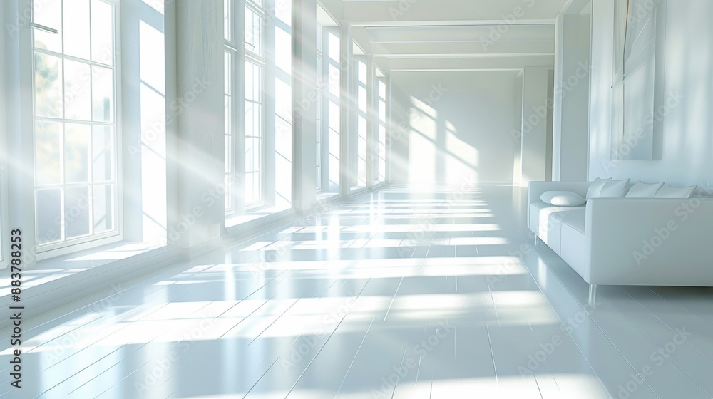Obraz premium Spacious and bright minimalist interior featuring large windows allowing natural light to flood the white room.