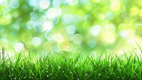Vibrant green grass with dew drops against a bright, bokeh-filled background, creating a fresh and lively scene.