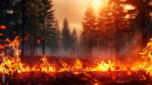 Intense forest fire with blazing flames, burning trees, and smoke rising at dawn as the sunlight breaks through the dense forest.