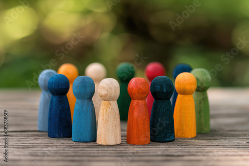 Colorful wooden figurines arranged in a circle on a wooden surface with a blurred outdoor background. Diversity, community, and unity concept.