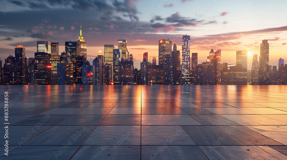 Empty square with city skyline background Empty square with city skyline background