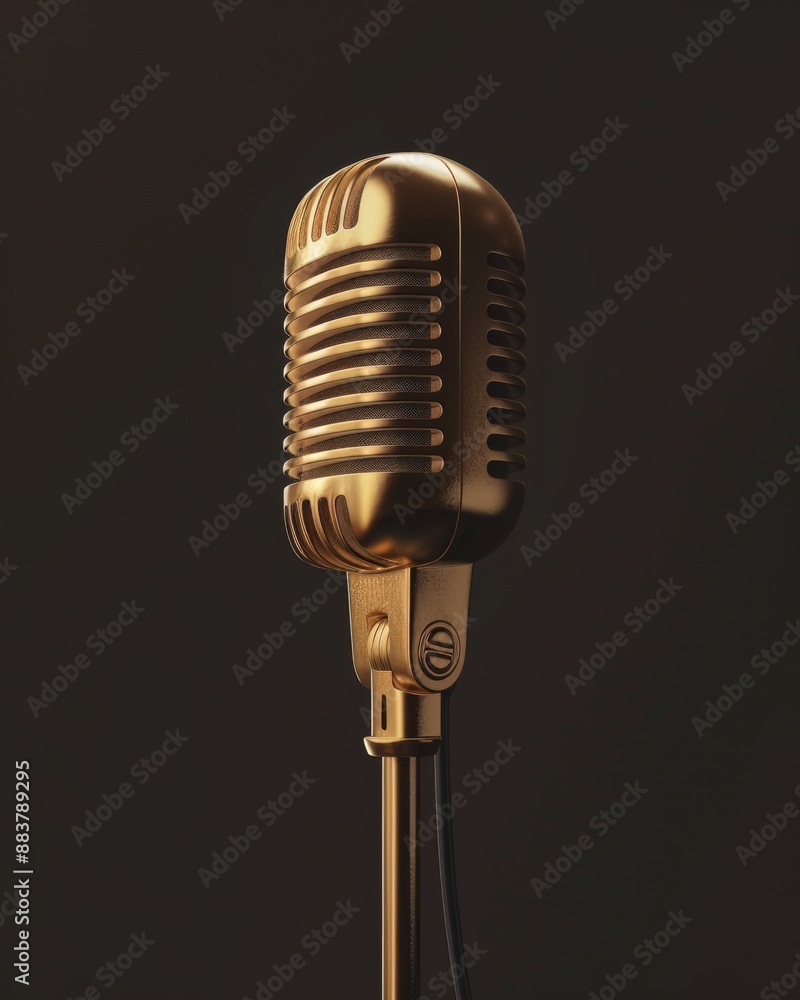 Fototapeta premium Vintage style golden vocal microphone in sound studio, musical equipment technology background