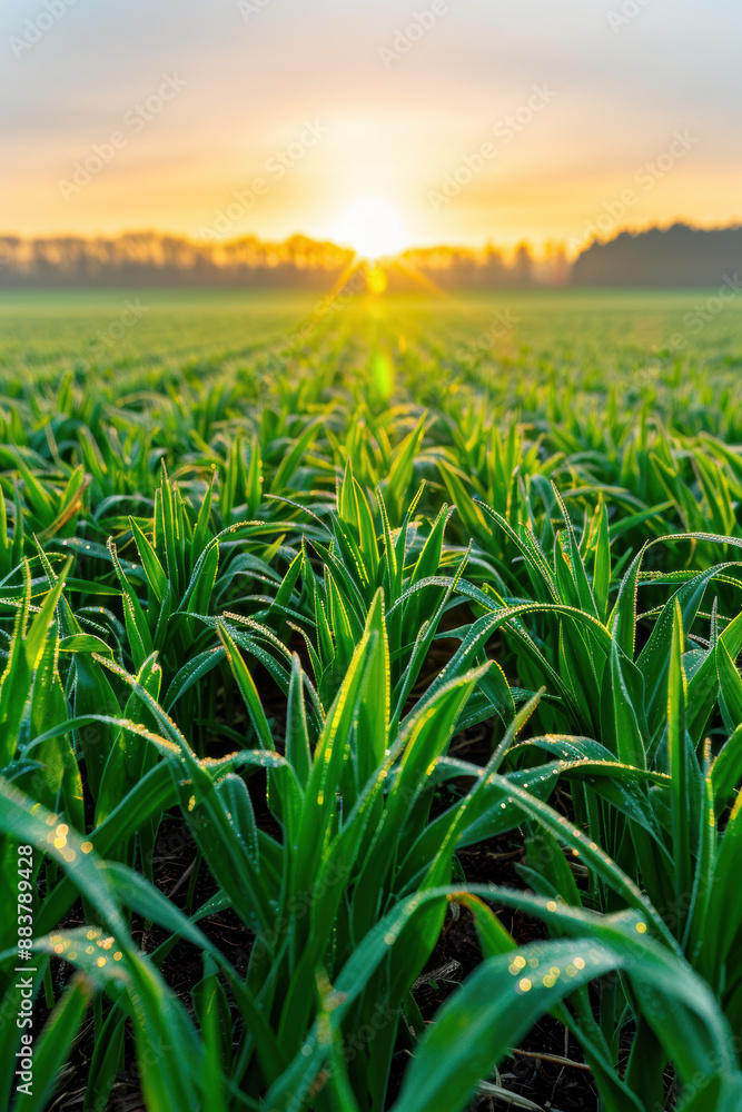 Sunrise over a lush green field, with dew-covered plants glistening under the morning light, creating a serene and refreshing landscape view. Sunrise over a lush green field, with dew-covered plants glistening under the morning light, creating a serene and refreshing landscape view.
