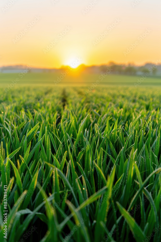 Obraz premium Sunrise over a lush green rice field, with dew-kissed blades of grass glowing under the early morning light, capturing the serene beauty of nature.