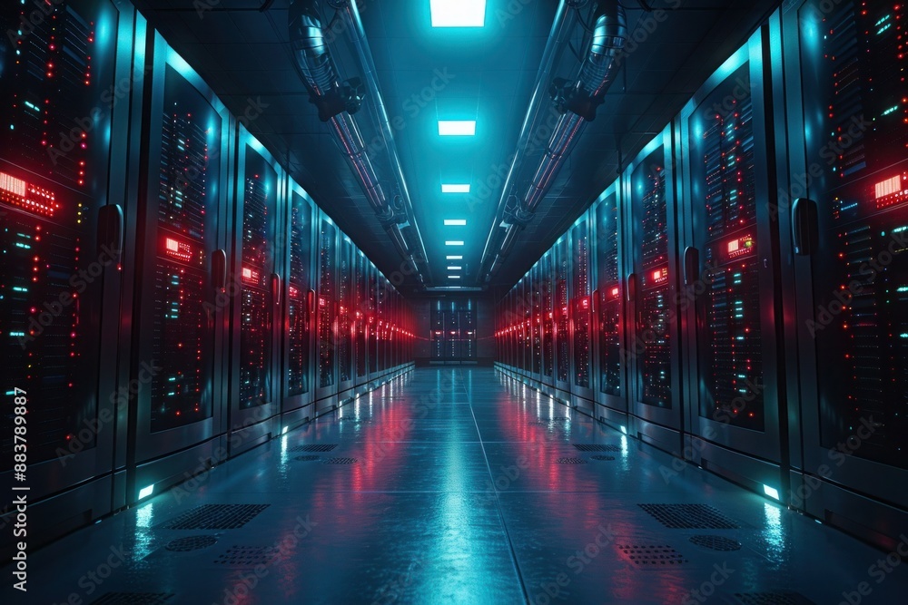 Visualization of Modern Data Technology Center with Server Racks in Dark Room: Internet of Things Complex Electric Equipment Warehouse Visualization of Modern Data Technology Center with Server Racks in Dark Room: Internet of Things Complex Electric Equipment Warehouse