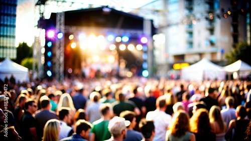 Urban Festival Blur: A blurred urban festival scene with stages and crowds, suitable for cultural events and entertainment themes.  © No