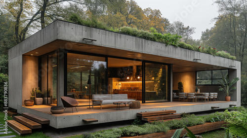 create an experimental house design for a small architecture office  ground floor and first floor  open and closed facades  concrete facade elements  award-winning architecture 
