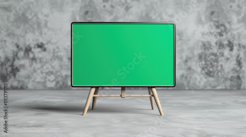 Modern green screen on wooden easel with concrete textured backdrop, perfect for presentations, teachin,g or creative projects. photo