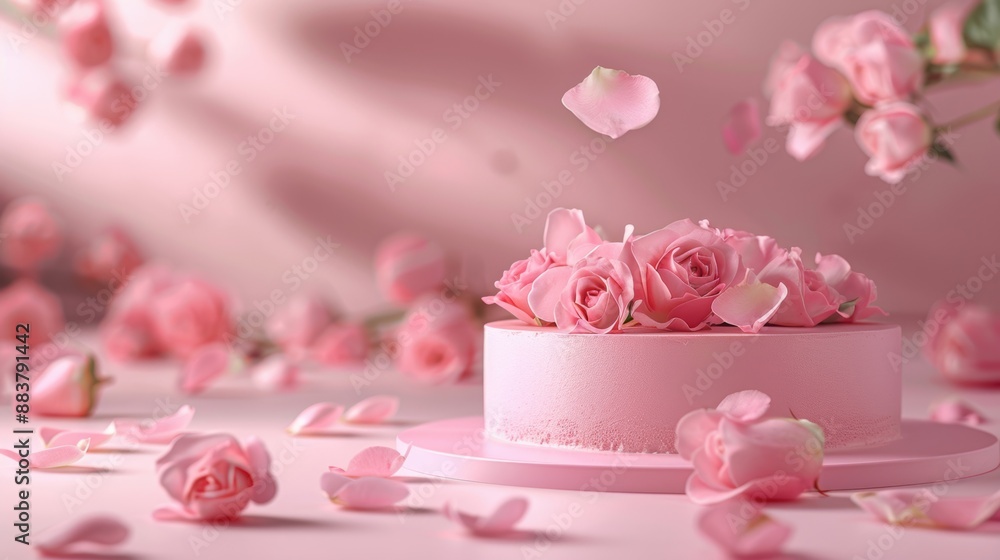A beautiful pink cake adorned with roses and falling petals, creating a romantic and elegant dessert display. A beautiful pink cake adorned with roses and falling petals, creating a romantic and elegant dessert display.